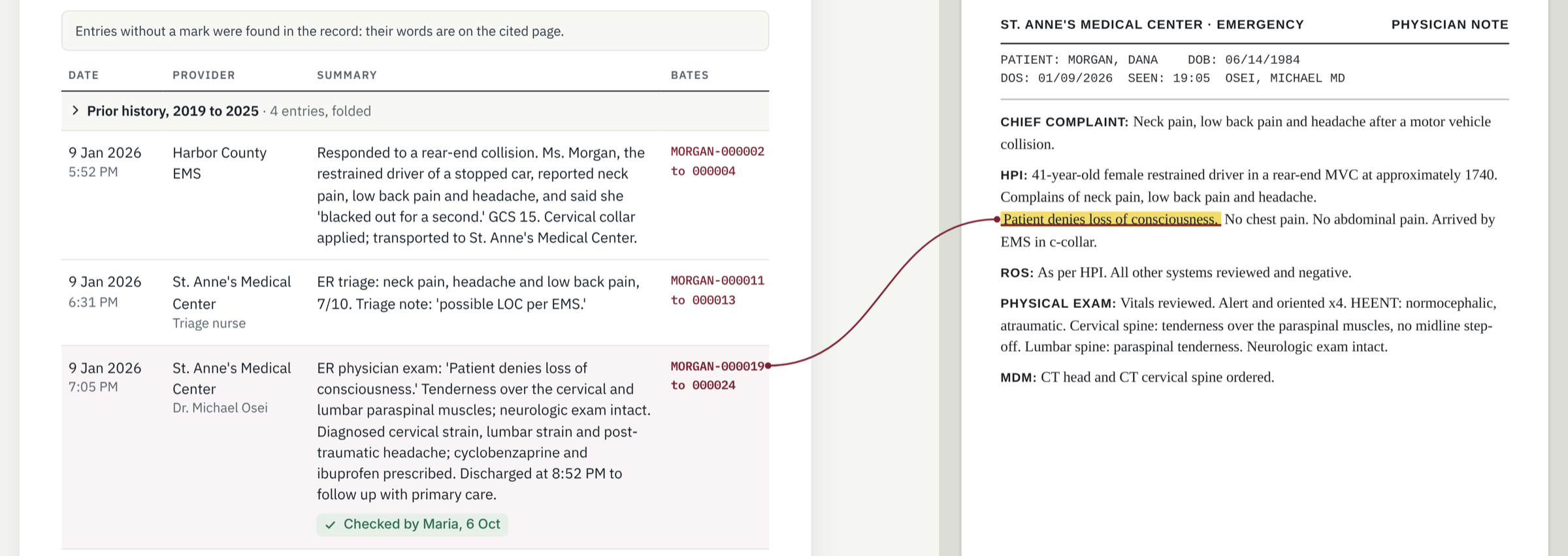 Folio's chronology for Dana Morgan beside the source panel: the line from the ER physician entry's Bates number, MORGAN-000019, runs to the highlighted words on page MORGAN-000020, Patient denies loss of consciousness.