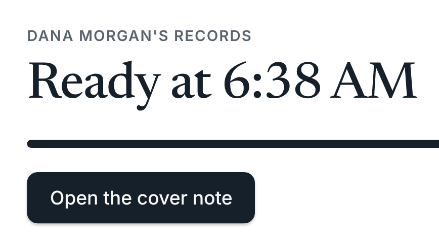Dana Morgan's records: Ready at 6:38 AM, with the button Open the cover note.
